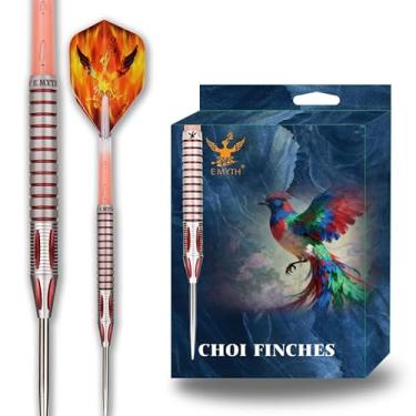 Imagem de EMYTH Choi Finches 3 peças de dardos de ponta de aço, conjunto de dardos profissionais de 90% tungstênio com aderência vermelha e voos Phoenix, barril de 23 g para jogo de precisão, equipado com voos