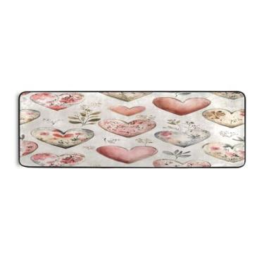 Imagem de Burbuja Tapete de corredor de flores de coração retrô dos namorados 61 x 183 cm, tapete lavável antiderrapante com suporte de borracha, tapete para sala de estar, corredor, decoração de casa