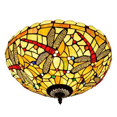 Imagem de Luminária de teto estilo Tiffany com libélula, estilo vintage mediterrâneo, com vitral, ideal para quarto, sala de estar e corredor, 40 cm (15,7 polegadas).