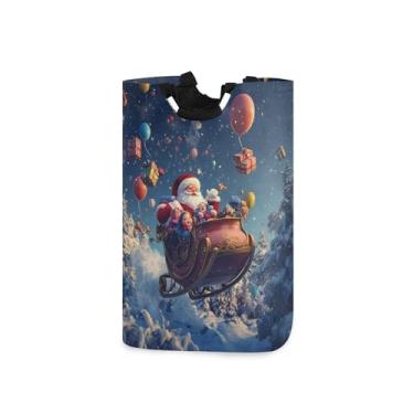 Imagem de xigua Cesto de lavanderia grande com alça de Papai Noel voando em seu trenó, cesto de roupas dobrável para organização de brinquedos e roupas no quarto, banheiro e lavanderia