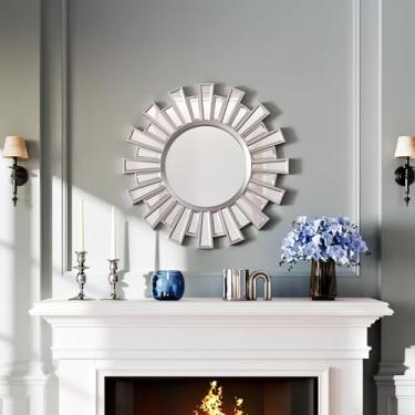 Imagem de QuiltMuse Espelhos de parede decorativos de 61 cm, espelho redondo para decoração de parede, decoração prateada moderna Sunburst, espelho de detalhes pendurados na parede para sala de estar, banheiro
