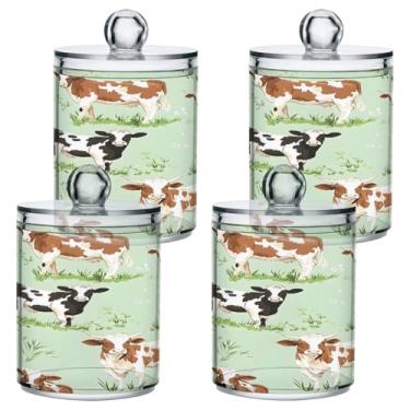 Imagem de STAYTOP 4 frascos fofos de boticário de vaca Qtip Dispensador de boticário com etiquetas - Recipiente de armazenamento Qtip de plástico transparente para bola de algodão, cotonete, grão de café