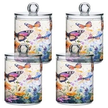 Imagem de STAYTOP 2 frascos de boticário de flores silvestres e borboletas Qtip para banheiro com etiquetas - Recipiente de armazenamento Qtip de plástico transparente para bola de algodão, cotonete, grão de