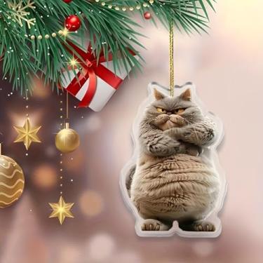 Imagem de Ornamento de gato gordinho rabugento de acrílico - decoração festiva para pendurar na árvore de Natal com corda dourada para casa e férias (1 peça)/GJ-44