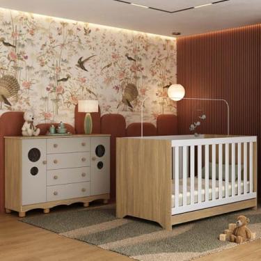 Imagem de Berço Americano 3 em 1 com Cômoda 2 Portas 4 Gavetas Suspiro Multimóveis Mp4714 Madeirado/off White