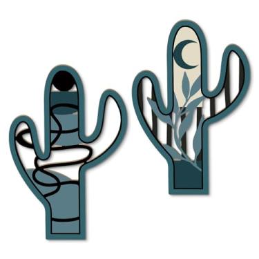 Imagem de Putuo Decor 2 peças decoração de parede azul cacto de madeira, decorações modernas minimalistas para quarto, sala de estar, banheiro, azul boho arte de planta moderna para entrada de escritório
