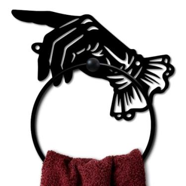 Imagem de MAYJOYDIY Anel de metal vintage para toalha de mão com ponta de dedo preto suporte de toalha de mão enrugado para armazenamento de manguito pendurado acessórios de banheiro para banheiro cozinha