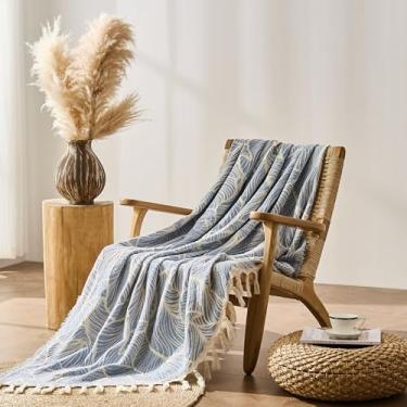Imagem de DOWN HOME Cobertor Boho para sofá, cobertor leve de algodão chenille para cama, sofá, cadeira, sala de estar, ao ar livre, macio, aconchegante, decoração de casa, com borla, presente, folhas azuis 127