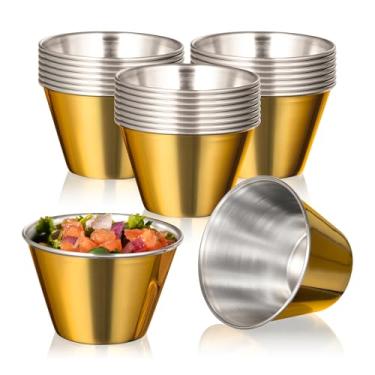 Imagem de Fit Meal Prep Pacote com 24 copos de molho dourados de aço inoxidável de 118 ml, ramequins de metal reutilizáveis, tigelas de condimento de grau comercial, copos de porção individual, copo redondo