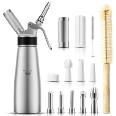 Imagem de ENLOY Dispensador profissional de chantilly de alumínio, 500 ml/1 litro, recipiente para chantilly com 8 bocais decorativos e escova de limpeza, batedor de creme precisa usar carregadores N2O