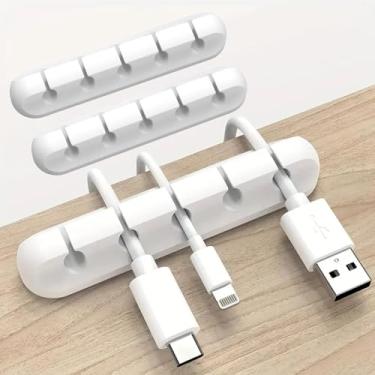 Imagem de Pacote com 3 clipes organizadores de cabos – Suportes de cabo de silicone com 5 compartimentos para fios USB, cabos de carregamento e gerenciamento de mesa em casa, escritório e carro (branco)