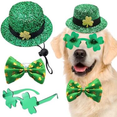 Imagem de 3 peças de fantasia de duende para cães de São Patrício, roupas de cachorro de São Patrício, chapéu alto para cães trevo verde, óculos de sol, gravata borboleta, irlandês para cães pequenos, médios e