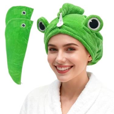 Imagem de Globalnice Pacote com 2 turbantes de cabelo de sapo, toalhas de cabelo de microfibra super absorventes para cabelos longos, secagem rápida, design de animal fofo, presente para mulheres namorada