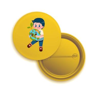 Imagem de Bottons com Alfinete, Tema Criança Abraçando o Planeta Terra, Design Cartoon, Branco, Pacote com 10 Unidades (20, Amarelo)