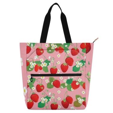 Imagem de GAIGEO Bolsas de trabalho femininas morangos, folhas rosas, margaridas, lona, praia, livros, zíper, presente para amantes de livros