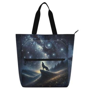 Imagem de Bolsa feminina Wolf Howling Galaxy, bolsa de trabalho de lona, bolsa de tecido universitária, bolsa infantil fofa, presente para amantes de livros