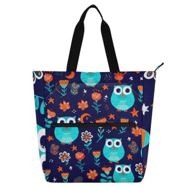 Imagem de Lindas bolsas de trabalho com corujas azuis e flores escuras para mulheres, bolsas de lona universitárias, bolsas femininas e infantis, presentes para amantes de livros