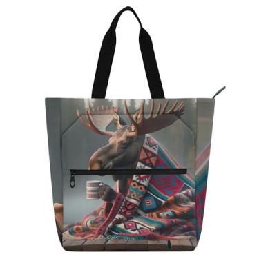 Imagem de Bolsa feminina divertida de café com alce para trabalho, bolsa escolar, bolsa para professores, presente para amantes de livros