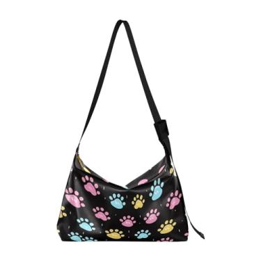 Imagem de Bolsa tiracolo de couro vegano estilo sudoeste marrom e preto, bolsa Lady Hobo, bolsa de ombro de couro com zíper, Estampas coloridas de animais de estimação em preto-1, One Size