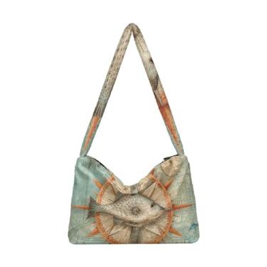 Imagem de GAIGEO Bolsa de ombro feminina com desenho de gato em azul e preta, bolsa de ombro com zíper, bolsa feminina para uso ao ar livre, Peixe vintage com diagrama de vida marinha, One Size