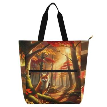 Imagem de GAIGEO Bolsa feminina outono Maple Forest Fox bolsa de trabalho lona praia livro bolsa zíper presente diário para amantes de livros bolsas