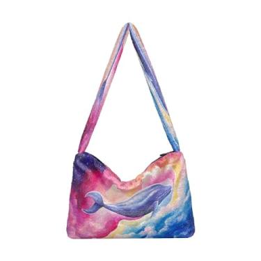 Imagem de Sacola de pelúcia colorida voando perto das nuvens, bolsas femininas, bolsa feminina para uso ao ar livre, Baleia colorida voando perto das nuvens-1, One Size