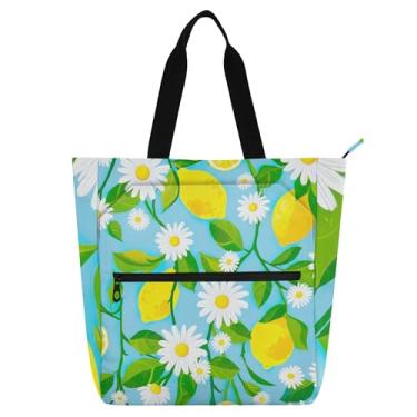 Imagem de GAIGEO Margaridas brancas e limões amarelos bolsa feminina de trabalho com zíper bolsa de praia média com compartimentos