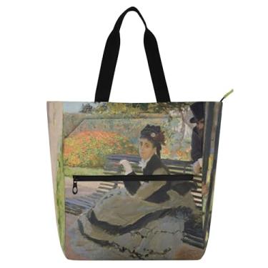Imagem de GAIGEO Claude Monet Bolsa feminina com pintura a óleo Camille on a Bench para trabalho, lona, faculdade, escola, bolsa, bolsa infantil fofa com compartimentos