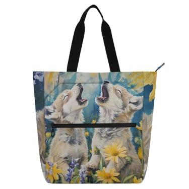 Imagem de GAIGEO Wolf Cubs Bolsa de trabalho com pintura uivando para mulheres, bolsa de lona, bolsa escolar universitária, bolsa infantil fofa com compartimentos