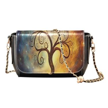 Imagem de Cosmic Tree on Starry Night Sky Bolsa tiracolo de couro com zíper, bolsas femininas de couro, bolsas transversais para mulheres, Árvore cósmica no céu noturno estrelado - 4, One Size
