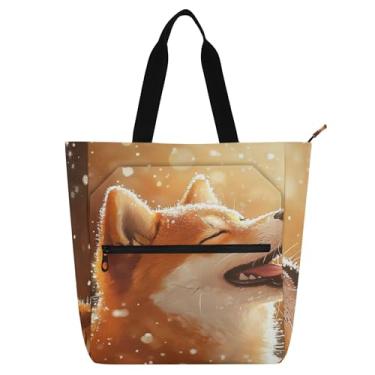 Imagem de GAIGEO Bolsa de mão Joyful Shiba Inu Sunset Art para crianças e mulheres, trabalho, escola, livro, zíper, bolsa de lona