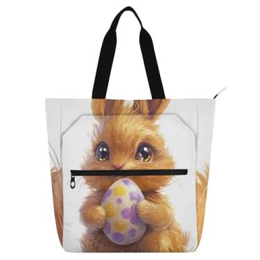 Imagem de GAIGEO Linda sacola de coelhinho marrom da Páscoa para crianças, mulheres, professoras com zíper, presente para amantes de livros, bolsa reutilizável de lona para escola, trabalho, viagem