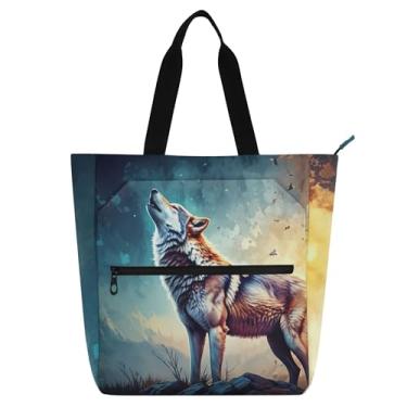 Imagem de Howl Wolf Aquarela Fantasia Selvagem Feminina Sacolas de Tecido Lona Bolsas Faculdade Escola Todos os Dias Presentes Amantes Livros