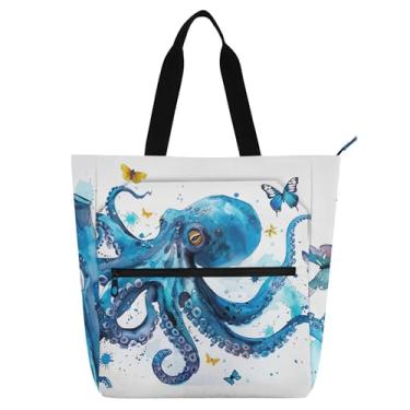 Imagem de GAIGEO Sacola de trabalho com animais de polvo azul para mulheres, bolsas de tecido de lona, bolsas de mão reutilizáveis, para amantes de livros