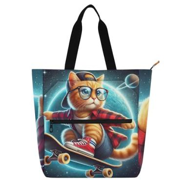 Imagem de GAIGEO Sacolas de trabalho femininas fofas para skate e gatinho, lona, praia, livro, com zíper, bolsa de tecido com compartimentos