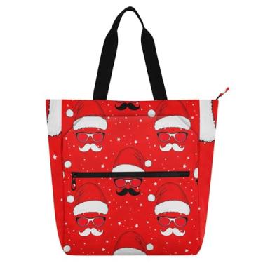 Imagem de GAIGEO Sacola com estampa de chapéus de Papai Noel vermelhos caprichosos para crianças, mulheres, trabalho, escola, livros, bolsa de lona com zíper