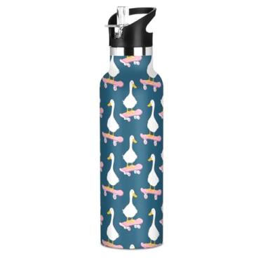 Imagem de Garrafa de água azul para meninas de pato branco com tampa de palha, garrafas de água isoladas de aço inoxidável, parede dupla, copo infantil livre de BPA para escola, viagens, esportes, 590 ml