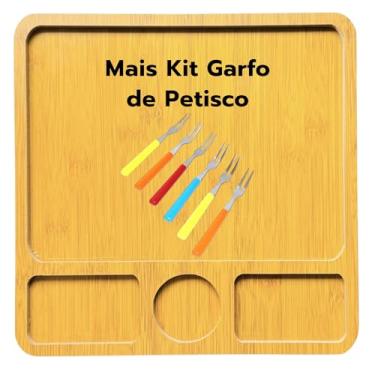 Imagem de Kit 01 Petisqueira de Madeira MDF 4 Divisórias CASAMILU Quadrada - 30 x 30 cm + 06 Garfos para Petiscos | Resistente, Durável e Ecológica para Preparo Corte Apresentação Frios, Petiscos e Carne