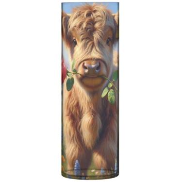 Imagem de Vaso de flores cilíndrico para mesa highland vaca bezerro bonito vaso de flores grande impressão personalizada quarto decoração de casa, 30 cm x 9,9 cm