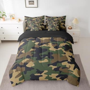 Imagem de Feelyou Jogo de cama solteiro de camuflagem verde e preto em uma bolsa com edredom, lençóis, fronhas e capa de almofada, estampa militar, conjunto de edredom com lençóis modernos e macios