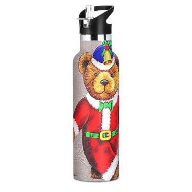 Imagem de Garrafa de água isolada de aço inoxidável de 590 ml com tampa de palha, ursinho de pelúcia, garrafas de água fofas de Natal para meninos e meninas, copos à prova de vazamento, parede dupla, aspirador