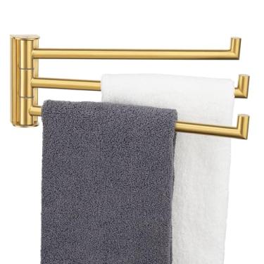 Imagem de Aomasi Toalheiro giratório dourado escovado, barra de toalha de banheiro giratória de 3 braços de aço inoxidável 304, suporte à prova de ferrugem para cozinha, trailer, lavanderia