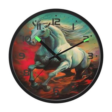 Imagem de SEHANY Relógio de parede artístico majestoso cavalos silencioso, sem tique-taque, relógio redondo operado por bateria, controle de som, luz noturna, relógios de parede para sala de estar, cozinha