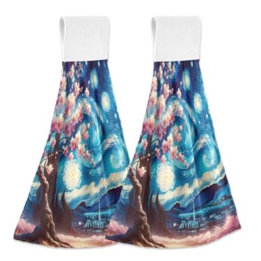 Imagem de Joitme Toalhas de mão penduradas com laço de noite estrelada, pacote com 2, toalhas de prato macias de lã coral absorvente para cozinha e banheiro com fita mágica para forno e decoração de casa