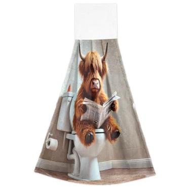 Imagem de Joitme Toalhas de mão engraçadas de vaca Highland fofas de bezerro com laço para pendurar conjunto de 2 toalhas de forno altamente absorventes para cozinha, decoração de banheiro 45 x 35 cm