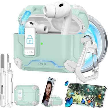 Imagem de Capa para Airpods Pro 3 2025, com trava de segurança e suporte de telefone para AirPods Pro 3ª geração, capa com limpador e chaveiro, à prova de choque e antiarranhões, abertura automática, compatível