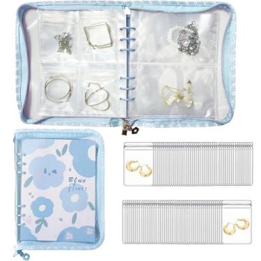 Imagem de HugList A5 Folheto organizador de joias de viagem de PVC transparente com 150 compartimentos e 50 sacos de plástico, mini estojo de viagem de joias com zíper para anéis, colares e brincos (azul)