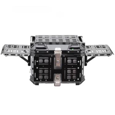 Imagem de Caixa traseira universal de alumínio para motocicleta com forro de couro 45L à prova d'água removível bolsa de viagem com cadeado, viagem a motor, acampamento ao ar livre, proteção de suporte, mesa