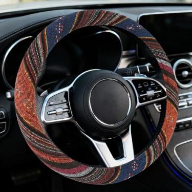 Imagem de Ongfuwu Capa de volante de carro boho, protetor de volante, estilo étnico, boémia, antiderrapante, respirável, linho, capa para rodas automotivas, serve para 38 cm, acessórios interiores universais