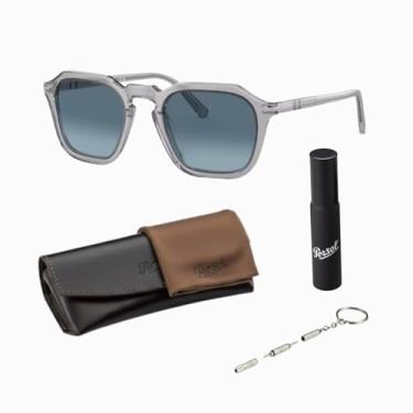 Imagem de Persol Óculos de sol quadrados PO3292S com kit oficial de óculos, Armação cinza transparente | Lente azul gradiente azul